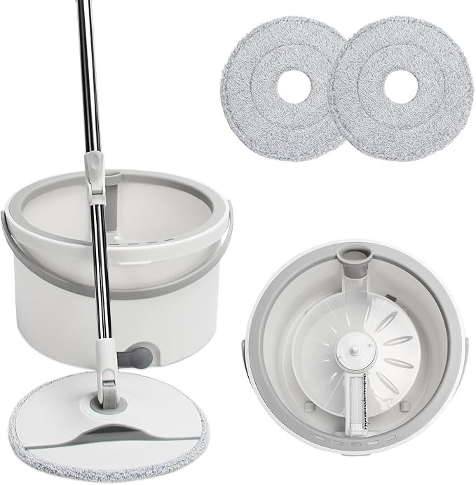 Microfiber Spin mop and Bucket Floor Cleaning System,Dual Compartment mop Bucket with Wringer on Wheels with Waterspout and 2 Thick Machine Washable Microfiber Mop Pads.
